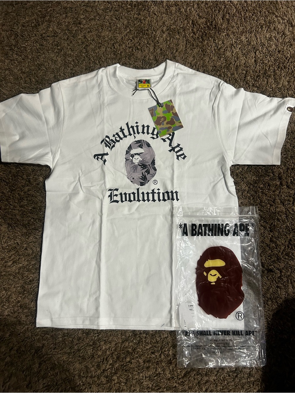 Bape White 'Evolution' Graphic Tee - Black Logo Print